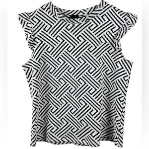 W5 ruffled cap sleeves blouse, S, geometric, cotton-blend, stretch, Shell Office